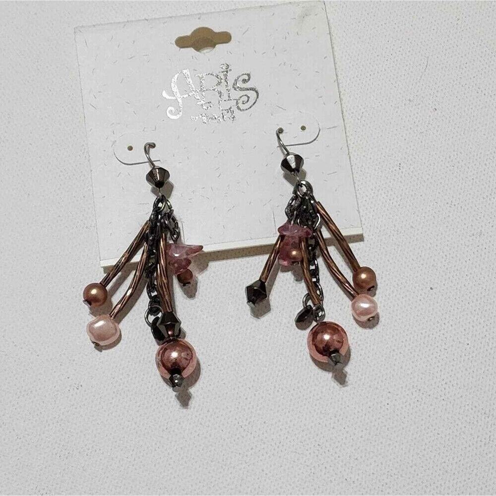 Aris by Treska Pink Copper Gunmetal Beaded Cluster Dangle Earrings NWT Boho